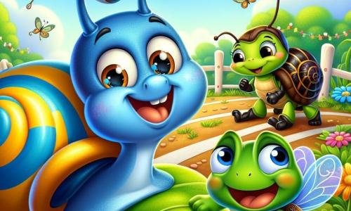 Um pequeno caracol chamado Carlos, com uma grande concha listrada de azul e amarelo, sorri alegremente enquanto está em pé sobre uma folha verde, os olhos brilhando de excitação. Ao lado dele, uma rápida formiga chamada Ana, com antenas tremulantes e um corpo preto brilhante, ri agitando suas patas, pronta para correr. Não longe, há um sapo alegre chamado Pedro, com uma pele verde brilhante e olhos redondos, que salta de alegria, as patas traseiras no ar, exibindo um grande sorriso. Por fim, uma sábia tartaruga chamada Tita, com uma carapaça marrom e olhos suaves, os observa com um sorriso benevolente, sentada tranquilamente sobre uma pedra. O cenário é um jardim colorido, repleto de flores vibrantes, borboletas voando e um céu azul claro, criando uma atmosfera alegre e ensolarada. A situação principal mostra os quatro amigos se preparando para uma corrida divertida, rindo juntos e trocando incentivos, ilustrando o espírito de amizade e camaradagem.