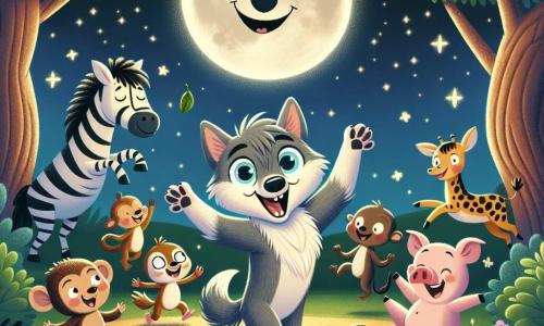 Um lobo chamado Léo, com pelagem cinza e olhos brilhantes de curiosidade, dança alegremente no meio de uma clareira sob a lua brilhante, com um grande sorriso no rosto. Ao seu lado, um pequeno macaco chamado Tico, com pelagem marrom e olhos travessos, pula de alegria, segurando uma folha como um chapéu. Um grupo de pequenos animais, incluindo uma zebra com listras pretas e brancas, uma coelhinha vaidosa com grandes orelhas e um porquinho rosa, os rodeia, todos rindo e dançando juntos. A clareira é cercada por árvores majestosas com folhas verdes vibrantes, e estrelas brilham no céu noturno. A cena retrata uma festa animada onde todos os animais se divertem, dançam e riem juntos, criando uma atmosfera alegre e festiva.