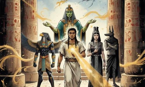 Amari, a determined young scribe (20–25) with braided black hair and sun-kissed skin, stands at Karnak Temple at dusk in a dust-streaked ecru linen robe, holding an ancient glowing scroll that projects a golden beam from his chest through a distant serpentine shadow; behind him on a dais stands the regal, green-tinged Osiris in emerald-and-gold robes with an open palm in support, to his left Horus—an adult with a stylized falcon head, blue-and-gold breastplate and half-spread wings—guards, to his right Isis—fair-skinned with an elaborate coiffure and dark jewel-adorned robe—clutches a small protective magical artifact, while Anubis, lanky with a jackal head and funerary black cloak, watches with arms crossed; massive sandstone columns carved with red-and-black hieroglyphs, cracked stone flooring, torchlight casting long shadows and swirls of golden sand complete the dramatic, high-contrast composition.