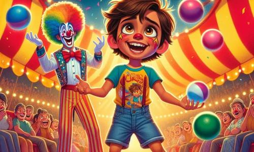Um garoto de 10 anos, Miguel, está no centro da imagem, com um grande sorriso no rosto. Ele tem cabelos castanhos bagunçados, olhos brilhantes de alegria e veste uma camiseta colorida com estampas de circo e um short de jeans. Ele está jonglando com três bolinhas coloridas, com os braços levantados e o corpo inclinado para frente, mostrando seu entusiasmo. Ao lado dele, Pipo, o palhaço, um homem de cerca de 30 anos, faz caretas. Ele tem um nariz vermelho, uma peruca colorida e um traje listrado. Ele está um pouco atrás, rindo e incentivando Miguel com gestos exagerados. O cenário é um circo vibrante, com tendas listradas vermelhas e amarelas, luzes brilhantes e espectadores maravilhados ao fundo. Confetes flutuam no ar, adicionando à atmosfera festiva. A cena principal mostra Miguel, cheio de determinação e alegria, jonglando sob os aplausos do público, enquanto Pipo, o palhaço, o incentiva com entusiasmo, criando uma atmosfera mágica e alegre.