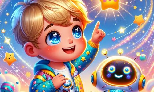 No centro da imagem, um garoto de 6 anos chamado Léo, com cabelos dourados que brilham como o sol e olhos azuis cintilantes, sorri maravilhado ao olhar para uma estrela brilhante. Ele veste um traje espacial colorido, decorado com padrões de estrelas e planetas, e segura um pequeno robô divertido em seus braços. Ao lado dele, seu amigo robô Riri, que tem uma forma redonda e luzes piscantes, dança alegremente, acrescentando um toque de magia à cena. O cenário é um universo encantado cheio de estrelas coloridas dançantes e planetas de tons vibrantes. A situação principal mostra Léo e Riri brincando de esconde-esconde com estrelas cintilantes, que se escondem atrás de nuvens fofas, enquanto Léo conta com entusiasmo. A imagem captura o encantamento e a magia da exploração intergaláctica, com brilhos de luz e cores vivas que iluminam a cena.