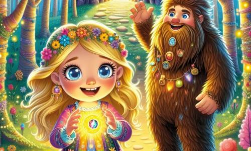 O fetiță de 8 ani, pe nume Iulia, stă în centrul imaginii, cu părul blond strălucitor și ochii albaștri plini de curiozitate. Ea poartă o rochie colorată împodobită cu flori și zâmbește entuziast, ținând în mâini o piatră magică strălucitoare. Lângă ea, un Căpcăun prietenos, mare și pufoș, cu un zâmbet cald, o încurajează cu un gest al mâinii, arătându-și sprijinul. În fundal, o pădure fermecată se întinde, plină de copaci majestuoși cu frunze verzi strălucitoare și flori multicolore care strălucesc sub soare. Scena se desfășoară în fața intrării unei peșteri misterioase, de unde se zărește o strălucire aurie emanând din interior. Iulia și Căpcăunul se pregătesc să intre în peșteră pentru a înfrunta un dragon, hotărâți să recupereze bijuteriile magice furate de zâni.