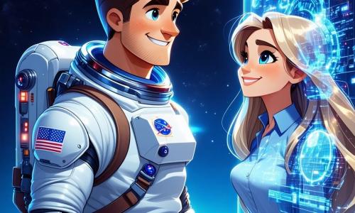 Un uomo, Marco, di circa trent'anni, con capelli castani disordinati e occhi pieni di curiosità, si trova al centro dell'immagine, sorridente con entusiasmo. Indossa una tuta spaziale argentata che brilla alla luce delle stelle. Accanto a lui, una giovane donna, Lucilla, di circa 25 anni, con capelli lunghi e biondi, osserva uno schermo olografico, il suo volto illuminato da una luce blu, con un'espressione di concentrazione. Sullo sfondo, un paesaggio fantastico di Titania si estende, con alberi scintillanti dai colori vivaci, foglie luminescenti e un cielo stellato che sembra infinito. La scena si svolge sotto un grande cupola trasparente, dove si possono vedere costellazioni brillanti e pianeti lontani. Marco e Lucilla sono in esplorazione, meravigliati dalla bellezza dell'universo, mentre scambiano idee sulle scoperte fatte insieme, creando un'atmosfera di avventura e amicizia.