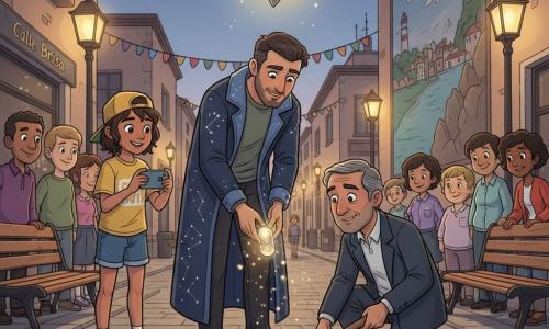Un hombre llamado Dario, sereno y afable, con barba corta y ojos grises, viste un largo abrigo azul noche con motivos plateados de constelaciones y coloca con cuidado una pequeña cápsula luminosa en un hoyo de tierra; a su izquierda, Nora, adolescente energética con gorra amarilla, graba con su móvil sonriendo; delante y algo a la derecha, el alcalde, de mediana edad y traje algo arrugado, arrodillado con una pala de madera, ayuda a cubrir la cápsula; flotando detrás del grupo, el pequeño robot extraterrestre Kir-7, cónico y metálico con ojos redondos, emite una suave luz dorada; la escena ocurre al crepúsculo en la Calle Brisa, una calle peatonal empedrada con guirnaldas, un gran mural y faroles encendidos, mientras pasanentes forman un semicírculo; acción principal: plantación de una semilla luminosa en tierra fresca, con gestos atentos y pequeñas chispas doradas en un ambiente solemne y cálido.