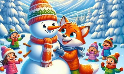 A little fox named Félix, with bright orange fur and a fluffy white tail, is building a large snowman. He has sparkling eyes and a wide smile, showing his enthusiasm for winter. Next to him, a group of joyful children, dressed in colorful coats and wool hats, are laughing and rolling snowballs. One of them, a little girl with curly hair, holds a carrot nose for the snowman and smiles with excitement. The setting is an enchanting winter landscape, with majestic snow-covered trees, a light blue sky sprinkled with falling snowflakes, and gentle hills on the horizon. The scene shows Félix and his friends having fun together, creating joyful memories in this wonderful winter world.