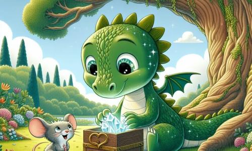Ein kleiner Drache namens Flämmchen mit glänzend grünen Schuppen und neugierigen Augen sitzt unter einer großen alten Eiche und hält eine kleine Holzkiste in seinen Vorderpfoten, mit einem Ausdruck von Freude und Aufregung. Neben ihm lächelt eine kleine Maus namens Mimmi mit weichem grauen Fell und großen Ohren, voller Staunen über den entdeckten Schatz. Der Garten ist voller bunter Blumen, großer Bäume mit üppigem Laub und einem klaren blauen Himmel, der mit weißen, flauschigen Wolken übersät ist. Flämmchen und Mimmi haben einen wunderschönen, funkelnden Kristall in der Kiste gefunden und feiern ihre Entdeckung, umgeben von der Schönheit der Natur.