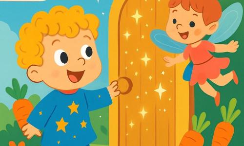 Un piccolo principe di nome Buffo, con capelli ricci dorati e un grande sorriso malizioso, si trova davanti a una porta magica scintillante nel suo giardino incantato. Indossa una tunica blu decorata con stelle brillanti e sembra meravigliato, con gli occhi spalancati dalla curiosità. Accanto a lui, una piccola fata con ali traslucide e colorate, di circa 6 anni, vola gioiosamente facendo delle piroette, aggiungendo un tocco di magia alla scena. Il giardino è pieno di carote vibranti che saltano e di fiori brillanti, sotto un cielo blu punteggiato di nuvole soffici. Buffo si prepara ad aprire la porta magica, intrigato da ciò che potrebbe rivelare, mentre la fata lo incoraggia con un sorriso scintillante.