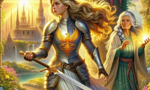 La escena muestra a Iselda, una joven caballera, con un rostro decidido y valiente, con largos cabellos dorados ondeando al viento. Lleva una armadura brillante adornada con un fénix en llamas en su pecho, blandiendo una espada reluciente, lista para defender su reino. A su lado está Maelis, una antigua sabia de unos 70 años, con cabello plateado trenzado y ojos que destilan sabiduría. Lleva un vestido de tela ligera decorado con motivos florales y sostiene un talismán luminoso en su mano, mirando a Iselda con orgullo y aliento. El decorado es un antiguo templo en ruinas, rodeado de flores coloridas y lianas verdes, bañado en la luz dorada del sol poniente, creando una atmósfera mágica y misteriosa. La situación principal muestra a Iselda, lista para enfrentar al brujo maligno, con el templo de fondo, simbolizando la lucha entre la luz y la oscuridad, mientras Maelis la anima con una mirada llena de confianza.