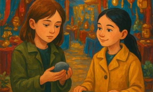 Ci sono due bambine di circa 11 anni: Marta, capelli castani medio-lunghi, giacca kaki e jeans, al centro-sinistra tiene in mano una piccola pietra liscia grigia chiamata 