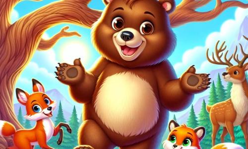 Un grande orso dal pelliccia morbida e marrone, con grandi occhi rotondi e amichevoli, si trova al centro della scena, sorridendo con un'espressione di gioia ed eccitazione. Sta allargando le braccia, invitando i suoi amici a radunarsi intorno a lui sotto un grande albero maestoso. Alla sua destra, una volpe astuta dal pelo arancione vivace, con occhi maliziosi, danza gioiosamente, le sue zampe agili sollevandosi leggermente da terra. A sinistra, un elegante cervo con maestose corna, dal pelo marrone chiaro e occhi dolci, osserva la scena con un sorriso benevolo. Il decor è una foresta vibrante, piena di alberi con foglie verdi brillanti, fiori colorati e un cielo blu chiaro punteggiato di nuvole bianche. La situazione principale mostra l'orso e i suoi amici che celebrano la diversità, riuniti attorno all'albero, condividendo storie e risate, illustrando così l'armonia e l'unità nella loro comunità colorata.