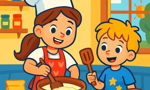 A young chef, Lily, is at the center of the image. She has long brown hair tied in a ponytail, wears a large white chef's hat and an apron with red heart patterns. She smiles joyfully, her eyes sparkling with excitement as she mixes pancake batter in a large wooden bowl. Next to her, a small boy named Timmy, about 6 years old, watches in awe. He has messy blonde hair and wears a blue t-shirt with stars. Timmy holds a wooden spatula, ready to help Lily flip the pancakes. The scene takes place in a warm, colorful kitchen with yellow walls, shelves filled with jars of spices, and a window letting in sunlight. On the table, scattered ingredients can be seen: eggs, flour, and a jar of jam. Lily and Timmy are preparing pancakes together, surrounded by a joyful and friendly atmosphere filled with laughter and good cheer.