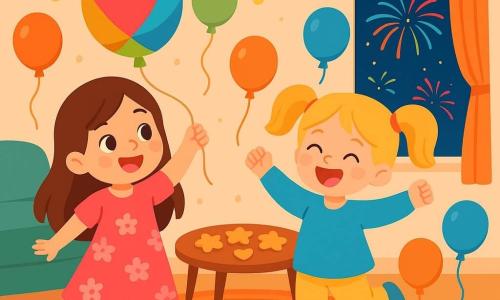 Es gibt zwei Hauptfiguren: - Lina: ein fast 4-jähriges Mädchen mit langen braunen Haaren und funkelnden Augen. Sie trägt ein rosa Kleid mit Blumenmustern und lächelt fröhlich, während sie einen bunten Ballon hält. - Emma: ein fast 4-jähriges Mädchen mit blonden Zöpfen und blauen Augen. Sie trägt eine blaue Tunika und gelbe Hosen und tanzt begeistert mit einem anderen Ballon. Der Hauptort der Handlung ist ein gemütliches Wohnzimmer, dekoriert mit glitzernden Girlanden und bunten Ballons. Ein großer, weicher Teppich liegt in der Mitte, und ein Tisch ist mit köstlichen Keksen in Stern- und Herzform gedeckt. Durch das Fenster sieht man strahlende Feuerwerke, die den Nachthimmel erleuchten. Die Hauptsituation der Geschichte zeigt Lina und Emma, die fröhlich für ihre Eltern singen und tanzen, umgeben von festlichen Dekorationen. Die Mädchen sind voller Energie und Glück und bereit, mit ihrer Familie das neue Jahr zu feiern.