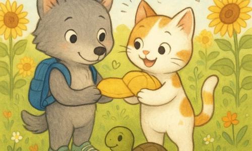El personaje principal es Lolo, un pequeño lobo infantil de pelaje gris y ojos expresivos, con una mochila azul y zapatillas verdes de lunares, que ofrece una gorra amarilla; su amiga Mía es una gatita blanca con manchas rojizas que lo abraza sosteniendo la gorra; la tortuga Tomi, verde con caparazón oliva, está sentada en una roca observando con calma. El paisaje es una colina de girasoles dorados, cielo azul con nubes esponjosas, mariposas, flores silvestres y un sendero de tierra, con luz cálida de tarde que crea una atmósfera veraniega y tierna, composición centrada, colores vivos y estilo ilustrativo suave para niños, con pequeños doodles de corazones, notas musicales y conchas en overlay.