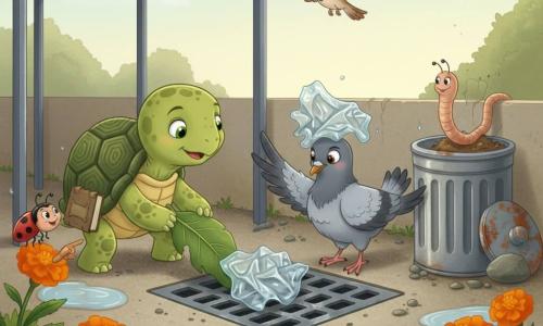 Mossy, a small calm green turtle with a textured shell, bright eyes and a bark notebook under one foot, gently pushes a large leaf to retrieve a crumpled plastic wrapper near a square drain; a slightly ruffled gray pigeon stands before the grate with the wrapper on its back, wings lightly beating, a light brown earthworm peeks from a soil pile behind the turtle, a cheerful red-and-black ladybug perches on a marigold stem to the left, and three lively brown-and-beige sparrows flutter above forming a small arc—the scene is a quiet act of solidarity at a school corner with a gray bike shelter, a rusty-lidded metal trash bin, wet gravel with puddles and bright orange marigolds, soft morning light, warm colors, and visible textures (water drops, rough shell, soft feathers, rust).