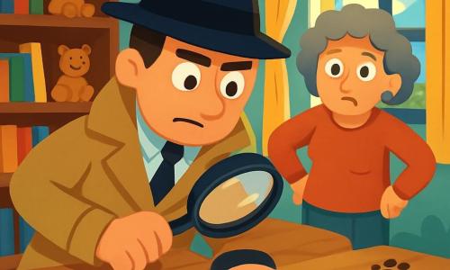 Um homem detetive, Bento, está no centro da imagem. Ele usa um grande chapéu preto e um trench coat bege, com uma expressão determinada no rosto. Seus olhos brilham de excitação enquanto examina pegadas com uma lupa. Ao lado dele, Dona Rita, uma mulher de cinquenta anos, parece preocupada. Ela tem cabelos cacheados e usa um suéter vermelho, com as mãos na cintura, olhando ao redor com ansiedade. A cena ocorre em um escritório acolhedor, cheio de livros, brinquedos de madeira e papéis espalhados sobre uma mesa de madeira. Uma janela deixa entrar a luz do sol, iluminando os cantos do escritório. Bento e Dona Rita procuram pistas para encontrar o gato Mimoso, que desapareceu. As pegadas levam até a janela, sugerindo uma emocionante aventura do lado de fora.