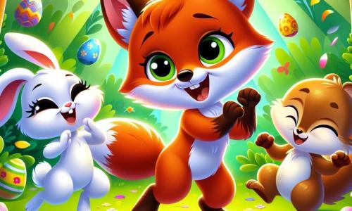 O personagem principal é um pequeno raposo com pelagem laranja viva, grandes olhos curiosos e um sorriso alegre, que dança e canta no meio de uma clareira ensolarada, cercado por flores coloridas. Ao seu lado, um coelho de grandes orelhas e pelagem branca, que salta de alegria com um olhar deslumbrado, e um esquilo de pelagem marrom, que bate as patas em ritmo, exibindo um sorriso radiante. A cena ocorre em uma floresta verdejante, onde os raios de sol filtram através das folhas das árvores, iluminando ovos de Páscoa coloridos espalhados ao redor. A situação principal mostra os amigos celebrando alegremente a Páscoa, cantando e dançando juntos, cercados de doces e confetes coloridos que caem do céu.