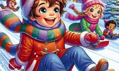 A 6-year-old boy named Oliver, with messy brown hair and sparkling eyes, is sledding down a large snowy hill. He is wearing a bright red coat, a striped scarf, and blue gloves, and his face is lit up with a big excited smile. Next to him, a 6-year-old girl, Mia, with braided blonde hair and a pink hat, laughs as she slides down on her sled, while another 6-year-old boy, Sam, with black hair and a green coat, eagerly prepares to go down the hill, holding his sled. The magical landscape features snow-covered fir trees, gently falling snowflakes from the starry sky, and colorful lights decorating the houses in the background. The scene exudes a festive and joyful atmosphere, full of laughter and friendship, as Oliver and his friends get ready for an unforgettable snow adventure.