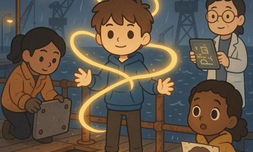 A 16-year-old heroic boy with a round face, bright eyes and tousled brown hair stands at the center of an East Dock pillar at night in fine rain, palms open, projecting a golden ribbon of light that stabilizes rusty metal beams while metallic plates click into place; to his left Mina (≈35), a tanned engineer with a ponytail and a rain-stained work jacket, crouches holding a heavy damping plate, to his right Dr. Hye (≈45), a smiling scientist with round glasses and a light lab coat, studies a handheld screen with glowing schematics, and a small 6-year-old girl in a yellow coat stands at the far end of the pier holding a crumpled drawing of the boy, the wet wooden planks and dark waves reflecting warm lamp halos against a relieved, tense atmosphere.