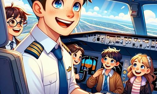 In the foreground, a pilot, Captain Ethan Harper, with sparkling eyes and a broad smile, is seated in the cockpit of a Boeing 737. He wears an immaculate white shirt, a blue tie, and a pilot's jacket adorned with his insignia. His brown hair is slightly tousled by the wind, and he firmly holds the yoke while explaining to the children what is happening around him. Behind him, a group of four children, aged 10 to 12, is captivated by his speech. Max, a boy with messy hair and glasses, raises his hand enthusiastically, while Sophie, a girl with long brown hair, listens attentively with a notebook in hand. Next to them, Ben, a tall and slim boy, gazes out the window with wide eyes, awestruck by the view of the clouds. Finally, Lily, a girl with golden curls, smiles, her eyes sparkling with excitement, holding a small plastic airplane model. The cockpit is filled with blinking lights and colorful instruments, with screens displaying flight maps and data. Outside, the sky is a bright blue, dotted with fluffy white clouds, while below, majestic mountains and a sparkling lake can be seen. The main scene shows Captain Ethan sharing his passion for flying with the children, explaining how to pilot an airplane while flying over beautiful landscapes, creating a moment of wonder and learning.