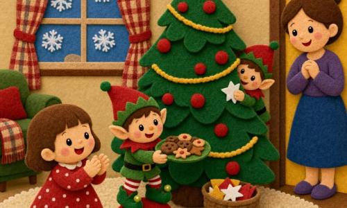 Niña de 2 años sonriente con pelo corto castaño y vestido rojo de lunares, aplaudiendo; pequeño duende travieso con botas verdes brillantes y gorro puntiagudo rojo sobre una bola de Navidad ofreciendo una bandeja de pequeñas galletas de fieltro mientras esconde otras detrás del árbol y hace estrellas de papel; madre amable con cabello castaño recogido en moño observa desde la puerta del salón sonriendo con las manos cruzadas; salón navideño acogedor con gran árbol decorado con bolas rojas y guirnaldas doradas de fieltro, alfombra beige, ventana con cortina de cuadros y copos de nieve de papel; escena luminosa, colores cálidos, texturas de fieltro visibles y formas simples y redondeadas.