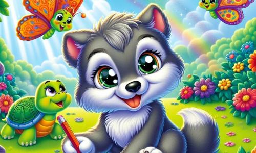Un piccolo lupo di nome Leo, con un pelo morbido e setoso di colore grigio e grandi occhi pieni di curiosità, è seduto in un giardino colorato, sorridendo con meraviglia. Tiene una matita nella zampa e guarda un magnifico disegno che ha appena realizzato, raffigurante un sasso lucido. Accanto a lui, una farfalla con ali dorate e decorazioni colorate vola gioiosamente, pronta ad ammirare il disegno di Leo. Più lontano, la signora Tartaruga, una saggia tartaruga con un guscio verde e occhi dolci, sorride guardando i due amici, seduta sull'erba tra fiori vivaci. Il giardino è incantevole, pieno di fiori di tutti i colori che danzano dolcemente sotto la brezza primaverile. La scena principale mostra Leo, la farfalla e la signora Tartaruga mentre condividono un momento magico, celebrando la loro amicizia disegnando insieme i tesori scoperti nel giardino, pieni di risate e creatività.