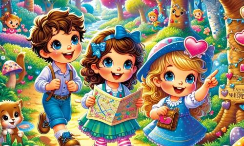 In a joyful scene, three children are gathered in the enchanted forest of Whispering Woods. Charlie, an 8-year-old boy with curly hair and a big smile, holds a mysterious map in his hands. To his right, Lily, a 7-year-old girl with blue ribbons in her hair and sparkling eyes, looks on with excitement. On the left, Ben, an 8-year-old boy wearing a fun heart-shaped hat, jumps for joy while pointing at a tree. The forest is filled with colorful tree trunks, heart-shaped leaves, and bright flowers shining in the sun. Colorful bubbles float in the air, and small animals with round eyes curiously watch from the bushes. The children are searching for heart-shaped gems, laughing and smiling, surrounded by magic and joy, ready to discover a Valentine's surprise.