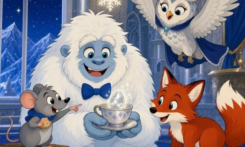 A large Yeti named Percival, joyful and relieved, with thick fluffy white fur, bright blue eyes and a small blue bow tie, delicately holds a shimmering silver seed in a porcelain teacup; Flora the fox, mischievous and curious with glossy red fur and a white-edged bushy tail, crouches to his right, marveling at the seed; Pip the little gray mouse, playful with round black eyes, stands on a low log to Percival's left holding a crumbed biscuit and pointing at the seed; Grandmother Luna the owl, wise and elegant with pearl-gray plumage and silver flecks, hovers above with wings outstretched; the setting is the interior of a mountain castle with silver towers, polished stone walls, a blue velvet rug, a large window showing a starry sky and snowy peaks, and snowflake-shaped lights; main moment: a happy reunion—Percival has found the shiny seed in his cup, friends gather around with warm expressions and a soft silvery glow emanating from the seed.