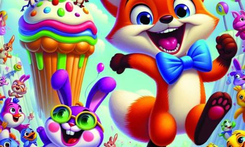 A clever little fox named Felix, with bright orange fur and a big joyful smile, wears a blue bow tie. He is jumping enthusiastically in the middle of a race, his eyes sparkling with excitement. Next to him, a purple rabbit named Binky, wearing sunglasses and a wide smile, is doing a little dance with his hind legs in the air. In the background, a group of colorful creatures, like dancing ducks and a juggling turtle, watches them with amused expressions. The setting is a whimsical Giggleberry landscape, featuring brightly colored candy trees, singing flowers, and a bright blue sky. The main scene shows Felix and Binky in the race, surrounded by laughter and joy, while a giant funny cupcake stands next to them, ready to interrupt with a joke.