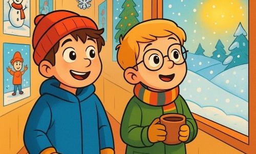 There are 2 main characters: Eli, an 8-year-old boy with messy brown hair and sparkling eyes, wearing a large blue coat, a red beanie, and yellow gloves. He is standing, smiling, looking out the window. Max, also an 8-year-old boy with blond hair and round glasses, is next to Eli, holding a cup of hot chocolate with a look of wonder, dressed in a green coat, a striped scarf, and black boots. The setting is a long corridor decorated with colorful drawings of winter scenes: paper snowflakes hanging from the ceiling, walls adorned with pictures of children playing in the snow, and a large window letting in golden sunlight over a snowy landscape. The main scene shows Eli and Max, amazed by the gently falling snow outside, with sparkling flakes in the air. They share a joyful moment, imagining stories about the drawings and dreaming of winter adventures.