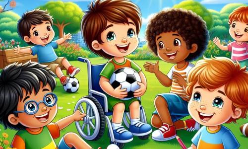 Em um parque ensolarado, cinco crianças brincam juntas. Miguel, um menino de sete anos com cabelos castanhos e olhos brilhantes, está no centro da imagem, sorrindo e segurando uma bola de futebol. À sua direita, Sofia, uma menina de sete anos com cabelos loiros e cacheados, desenha em um caderno com lápis de cor. À esquerda, Tiago, um menino de sete anos com cabelos negros, sentado em sua cadeira de rodas, ri alegremente enquanto lança a bola para seus amigos. Ao lado dele, Pedro, um menino de sete anos com cabelos castanhos e óculos, conta uma história com gestos animados. Finalmente, ao fundo, Bruno, um menino de sete anos com cabelos ruivos e sardas, observa com admiração, pronto para se juntar a eles. O parque é repleto de verde, com árvores majestosas, flores coloridas e um céu azul radiante. A cena mostra inclusão e amizade, com as crianças brincando juntas, cada uma trazendo sua própria personalidade e talentos, ilustrando o tema da tolerância e aceitação das diferenças.