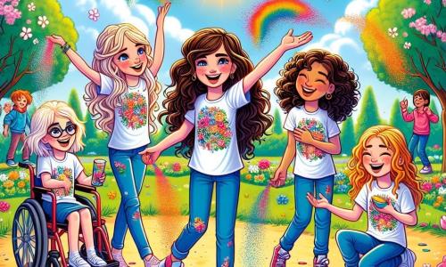 En un parque soleado, cinco chicas alegres están juntas. Sofía, una niña de 12 años con cabello rizado castaño y una sonrisa brillante, lanza polvos de colores al aire. A su derecha, Valeria, también de 12 años, tiene el cabello rubio trenzado y lleva una camiseta colorida; se ríe mientras sostiene un paquete de polvo colorido. A la izquierda, Lucía, una niña de 12 años con cabello castaño y gafas, sonríe mientras sostiene un cartel del Día de la Tierra. Martina, una niña de 12 años con cabello corto y una silla de ruedas decorada con flores, admira los colores en el cielo. Finalmente, al fondo, un grupo de niños se une a ellas, riendo y jugando. El parque está lleno de flores brillantes y árboles verdes, con un cielo azul claro salpicado de nubes blancas esponjosas. Un gran tapiz de hierba se extiende bajo sus pies, y los pájaros cantan alegremente en las ramas. Las chicas celebran la llegada de la primavera lanzando colores al aire, creando una explosión de alegría y camaradería, mientras comparten risas y recuerdos inolvidables.