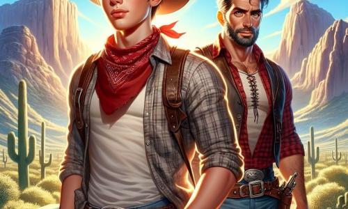 Jake, un cowboy tânăr de 20 de ani, are părul castaniu, fața bronzată de soare și ochii plini de curiozitate. Poartă o pălărie de cowboy uzată, o cămașă în carouri roșii și o pereche de blugi, stând în picioare, privind cu hotărâre către o peșteră misterioasă la poalele munților, rucsacul său plin de comori la picioare. Colt, un bărbat de 30 de ani, înalt și musculos, cu o barbă bine întreținută și o privire serioasă, stă lângă Jake. Poartă o vestă din piele și un bandană roșie în jurul gâtului, pregătit să-l ajute în această aventură. Peisajul este specific Vestului American, cu munți măreți în fundal, cactuși împrăștiați și un cer albastru strălucitor, presărat cu nori albi. Lumina soarelui iluminează scena, creând umbre blânde pe solul prăfuit. Situația principală îi arată pe Jake și Colt pregătindu-se să intre în peștera misterioasă, unde simboluri antice sunt vizibile pe pereți, în timp ce o tensiune palpabilă plutește în aer, sugerând că aventuri neașteptate îi așteaptă în interior.