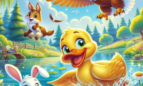 Ducky, o rață cu pene galbene strălucitoare și ochi sclipitori, înoată vesel într-un lac strălucitor, afișând un zâmbet larg de curiozitate și entuziasm. Lângă el, Micul Iepuraș, un iepuraș mic cu urechi mari și blană albă, sare cu veselie pe mal, ochii săi strălucind de entuziasm, în timp ce Puiul de Vultur, un tânăr vultur cu pene maro aurii, plutește măreț deasupra lor, observând peisajul cu o expresie hotărâtă. Locul este un lac minunat înconjurat de verdeață luxuriantă, cu flori colorate care dansează în vânt și copaci măreți care se reflectă în apa limpede. Situația principală arată cum Ducky și prietenii săi descoperă o praștie strălucitoare plutind pe apă, o praștie magică care îi cheamă la o aventură pentru a restaura culorile pădurii.