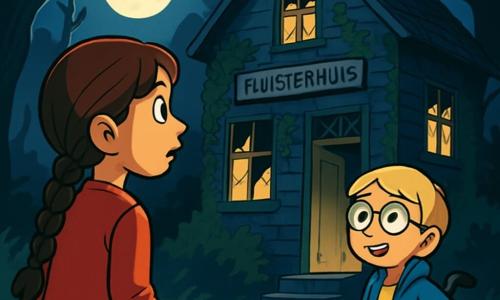 Er zijn 2 hoofdpersonages: - Noor: een 10-jarig meisje met lange, gevlochten bruine haren, gekleed in een rode trui en een spijkerbroek. Ze staat links en kijkt nieuwsgierig naar het Fluisterhuis. - Luna: een 10-jarig meisje in een rolstoel, met korte blonde haren en ronde brillen. Ze draagt een blauwe jas en glimlacht moedig, terwijl ze rechts van Noor staat, klaar om verder te gaan. De situatie speelt zich af voor het Fluisterhuis, een oud, donker houten huis met gebroken ramen die in het maanlicht glinsteren. De muren zijn bedekt met groene klimop en een houten deur kraakt zachtjes, alsof ze geheimen fluistert. Schaduwen dansen rond de kromme bomen, wat een mysterieuze en licht angstaanjagende sfeer creëert. De hoofdactie van het verhaal toont Noor en Luna, vastberaden, die naar het Fluisterhuis toe gaan, hun gezichten verlicht door het maanlicht, terwijl de wind zachtjes waait en de bladeren laat ritselen. Ze bereiden zich voor om de geheimen achter de krakende deur van het huis te ontdekken.