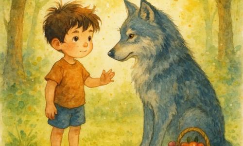 Un niño de 6 años de ojos vivos y cabello castaño despeinado, rostro redondo con ligeras pecas, descalzo sobre la musgo y con la mano tendida para apaciguar; un gran lobo gris plateado de pelaje texturado con matices más oscuros y reflejos azulados, ojos ámbar, sentado ligeramente detrás y con la cabeza inclinada; una pequeña cesta de mimbre con manzanas rojas y uvas moradas a la orilla de la clara, junto a hojas y hongos; la clareira con hierba verde, árboles altos de troncos nudosos, rayos de sol dorados, partículas en el aire y algún mariposa; escena principal: encuentro pacífico al crepúsculo en una clara luminosa, atmósfera de respeto y calma, composición centrada, colores suaves y texturas tipo acuarela visibles.