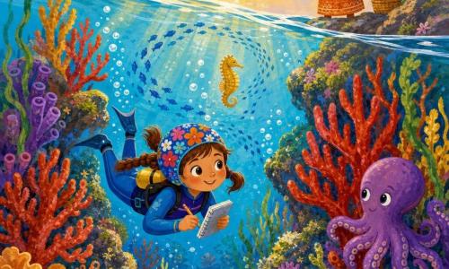 Una niña de 6 años, maravillada y sonriente, con coletas castañas y ojos grandes, vestida con traje de buceo azul y gorro de flores, nada suavemente bajo el agua mirando un jardín de coral mientras sostiene un pequeño cuaderno y un lápiz; una abuela de unos 70 años, atenta y cariñosa, con trenzas grises, está de pie en una roca sobre la superficie mirando a la niña con una sonrisa tierna y saludando; un pequeño pulpo morado y curioso junto a un coral rojo la observa; un caballito de mar dorado pasa en el fondo, rodeado de bancos de peces azules formando espirales; el lugar es un jardín coralino lleno de formas y colores, algas ondulantes, rocas cubiertas de musgo, rayos de sol filtrándose y burbujas; la escena principal muestra a la niña explorando un pasaje entre dos corales como una puerta secreta, capturando detalles en su cuaderno, rodeada de animales marinos amigables y luz suave.