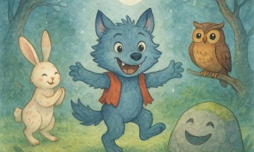 Ein junger Werwolfjunge mit grau-blauem Fell und runden, schelmischen Augen lächelt breit und zeigt freundliche, abgerundete Zähne; er trägt eine zerrissene rote Weste und tanzt fröhlich in der Mitte einer Lichtung, links applaudiert ein kleines magisches Kaninchenweibchen mit cremeweißem Fell und glitzernden rosa Flecken und langen, gebogenen Ohren, rechts sitzt eine sprechende Eule mit braun-ockerfedern und großen gelben Augen auf einem niedrigen Ast und lächelt weise, vor dem Weg liegt ein großer anthropomorpher Graufelsen mit moosbedeckten Rissen, der wie ein lachender Mund wirkt; die Lichtung wird von einer funkelnden Quelle in der Mitte erhellt, mit smaragdgrünem Moosgras, Farnen und verdrehten Baumstämmen mit silbrig schimmernden Blättern im sanften Mondlicht, pastellige Aquarellfarben, weiche Texturen und leicht verschwommene Konturen — eine warme Überraschungsparty, bei der der Werwolf seine Freunde entdeckt und lacht.