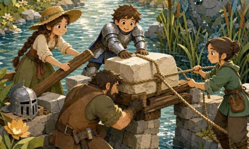 Il protagonista è un giovane cavaliere, Sir Lumin, volto rotondo e grandi occhi, armatura argentata leggermente ammaccata, elmo a lato, che posa con sorriso l'ultima grande pietra chiara al centro di un ponte in costruzione; Mira, contadina ~25 anni, capelli castani intrecciati e cappello di paglia, spinge un tronco a sinistra per stabilizzare la pietra; Tobia, fabbro ~30 anni, corporatura robusta e mani annerite dalla fuliggine, inginocchiato in primo piano regola una cuneo di legno sotto la pietra; Nela, custode delle corde ~22 anni, snella con i capelli raccolti, tende una corda robusta a destra per assicurare la pietra; il Guardiano del Fiume, creatura metà roccia metà acqua con forma tondeggiante e occhi lucenti come ciottoli, emerge tra i giunchi con sguardo benevolo; scena su una riva ampia e limpida con acqua scintillante, sponde fiorite e legni e pietre accatastati, raggi di sole caldi filtrano tra la polvere sottile come scintille, atmosfera di sforzo condiviso e gioia tranquilla.