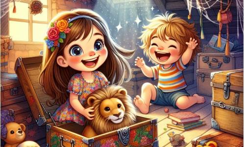 Una bambina di 6 anni, Sofia, con lunghi capelli castani e occhi brillanti di curiosità, indossa un vestito a fiori colorati e un grande sorriso sul volto. È seduta sul pavimento polveroso di una vecchia soffitta, circondata da giocattoli e libri, mentre apre con entusiasmo una grande scatola misteriosa. Accanto a lei, suo fratellino Leo, un bambino di 4 anni con capelli biondi arruffati e un viso sorridente, indossa una maglietta a righe e pantaloni corti, e finge di essere un leone indossando una maschera da leone, ridendo gioiosamente. La soffitta è piena di vecchie bauli, ragnatele scintillanti al sole e raggi di luce che filtrano attraverso una finestra polverosa. In questa scena, Sofia e Leo scoprono insieme tesori nascosti, costumi e accessori divertenti, creando un'atmosfera di avventura e risate.