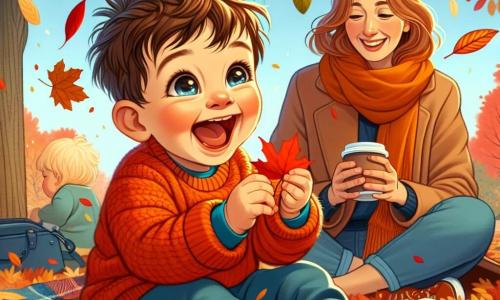 A one-year-old boy with messy brown hair and bright sparkling eyes is sitting in the middle of a pile of colorful autumn leaves, laughing joyfully. He is wearing a bright orange sweater and denim pants, and his small hands are full of leaves that he throws into the air with delight. Next to him, his mother, a woman around 30 with long brown hair, smiles at him. She is dressed in a light coat and a warm-colored scarf, holding a cup of hot chocolate, enjoying the moment. The setting is an autumn park with majestic trees displaying vibrant red, orange, and yellow leaves. The ground is covered with a crunchy layer of leaves, and the sky is a clear blue with a few white clouds. The main scene shows the little boy playing in the leaves, laughing and tossing them in the air, while his mother watches him tenderly, creating a joyful and warm atmosphere.