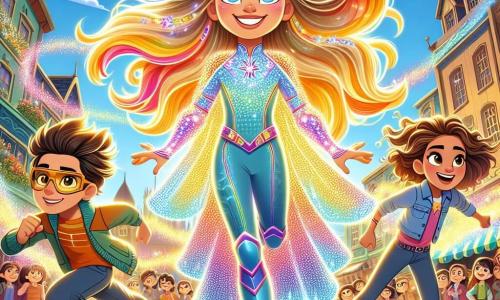 Lila, de superheldin, is een jonge vrouw met lange glanzende haren die in de wind wapperen, gekleed in een kleurrijk kostuum met een schitterende cape in de kleuren van de regenboog. Haar gezicht straalt vastberadenheid en vreugde uit terwijl ze warm glimlacht, klaar om geluk te brengen aan iedereen. Aan haar zijde is Max, een jongen van ongeveer 10 jaar, een snelle superheld met tousled haar en een veiligheidsbril. Hij rent met volle snelheid en laat een spoor van heldere bliksems achter zich. Mira, een meisje van 9 jaar, is een tovenares met krullend haar en een sterrenjurk, die magische vonken om zich heen laat vliegen en een feeërieke sfeer creëert. De scène speelt zich af op een groot, levendig plein, omringd door kleurrijke gebouwen en stralende bloemen, terwijl de bewoners met verwondering toekijken. De lucht is blauw en zonnig, met drijvende witte wolken. De belangrijkste situatie toont Lila en haar vrienden verenigd om Donkere Wolk, een grote grijze schaduw die langzaam vervaagt, te confronteren, terwijl Lila hem een warme glimlach biedt, de angst in vreugde transformeert en het licht terugbrengt in de stad.