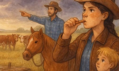 A young energetic cowgirl with freckled face and braided brown hair, wearing a worn hat and brown leather jacket, blows a small wooden whistle with focused eyes and pursed lips as she stands by a herd of cows; Eli, a 20–25-year-old rancher friend with stubble and a blue plaid shirt, stands slightly behind and left, raising his hand and pointing to the stormy horizon; a blond, tousled eight-year-old ranch helper a few steps to the right holds a coiled rope and watches the cows admiringly; the horse Lark, a large chestnut with a wet muzzle and flowing mane, stands calmly beside her with a relaxed saddle rope; the wide prairie has golden wild grass, low ridges, a muddy stream and a broken wooden bridge in the foreground, purple storm clouds pierced by a few sun rays, hoofprints in the mud; the cowgirl whistles to gather the herd before the storm, a calm tension as cows turn and move toward her, medium-shot composition, warm earth and grass tones contrasted with the dark sky, watercolor textures with white gel-pen highlights suggesting reflections and the first rain.