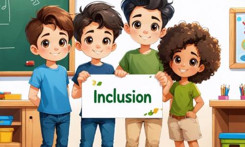 In un'aula colorata, vediamo quattro personaggi principali. **Alessandro**: un ragazzo di 12 anni con capelli castani e occhi vivaci, indossa una maglietta blu e jeans, sorridendo e tenendo un cartello sull'inclusione. **Amir**: un ragazzo di 12 anni con capelli neri e ricci, pelle olivastra, indossa una camicia verde e pantaloni beige, è a sinistra di Alessandro con le braccia incrociate e un'espressione determinata. **Sara**: una ragazza di 12 anni con lunghi capelli neri e occhi marroni, indossa un vestito colorato, è a destra di Alessandro alzando la mano per condividere la sua esperienza con un grande sorriso. **Marco**: un ragazzo di 12 anni, alto e biondo, con occhi blu, indossa un felpa rossa, è dietro Alessandro e ascolta attentamente. L'aula è luminosa, con muri decorati da poster colorati che rappresentano culture di tutto il mondo. I bambini discutono con passione delle differenze culturali e dell'importanza dell'inclusione, creando un'atmosfera calorosa e amichevole che simboleggia unità e diversità.