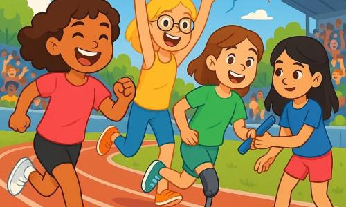 There are four children: Mia, an 11-year-old girl with curly brown hair, wearing a bright pink t-shirt and black shorts, running with a big smile and full of energy; Lily, also 11, with blonde hair and glasses, dressed in a yellow tank top and blue leggings, just behind Mia with her arms raised in encouragement; Emma, an 11-year-old girl with brown hair and a prosthetic leg, wearing a green t-shirt and shorts, running determinedly with a joyful expression; and Sara, an 11-year-old girl with smooth black hair, in a blue t-shirt and pink shorts, passing the baton to Emma, focused and smiling. The scene takes place on a sunny athletic track surrounded by greenery, with enthusiastic spectators in the stands. The bright blue sky and colorful balloons add to the festive atmosphere. The main situation shows the four friends running together in a relay race, their faces lit up with excitement and team spirit, while the spectators cheer them on, creating a dynamic and lively ambiance.