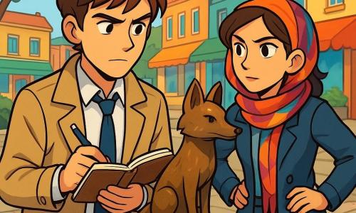 A detective named Miles stands at the center of the scene, with a determined and curious look. He has messy brown hair, a slightly wrinkled beige jacket, and an open notebook in his hands. Next to him is a woman named Lina, around 30 years old, wearing a colorful scarf and bright eyes, observing the detective attentively with her hands on her hips, ready to assist. In the background, a young boy named Jax, 10 years old, wearing a red beanie and a mischievous smile, holds a skateboard under his arm, watching the scene with fascination. The scene takes place in a lively square surrounded by small shops with colorful facades and stone gardens, featuring a bronze statue of a fox at the center, adorned with colorful ribbons tied by children. The main situation shows Miles examining the fox statue, a look of concentration on his face, while Lina and Jax exchange knowing glances, all three engaged in the investigation of the statue's theft.