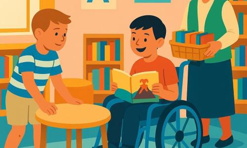 An 8-year-old boy, Leo, light brown short hair, smiling and focused, pushes a small round table on a star-patterned rug to open a path; another 8-year-old boy, Ethan, with short black hair and a mischievous smile, sits in a bright blue wheelchair holding an illustrated book about volcanoes and rolls into the cleared space; a librarian in her 40s with grey hair in a bun and a green cardigan stands slightly back, placing two baskets of books nearby and smiling encouragingly; the scene is a cozy library reading corner with low colorful shelves, poufs, a small wooden table moved to the wall, warm window light, pastel walls with letter posters; the composition emphasizes cooperative gestures, warm expressions, vivid colors and a contemporary graphic look.
