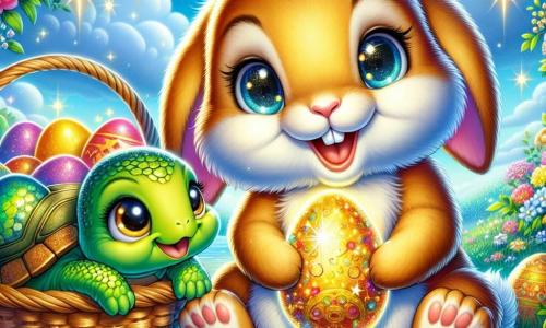 Hoppy, a small rabbit with shiny, colorful fur like a rainbow, is at the center of the image, with sparkling eyes filled with joy and a wide smile, holding a beautiful shimmering golden egg in his paws. Next to him, Tilly, a small turtle with a shiny green shell, looks at Hoppy with admiration, her round eyes filled with excitement as she holds a basket full of colorful carrots. In the background, an enchanted clearing is adorned with vibrant flowers and string lights, under a clear blue sky dotted with fluffy white clouds. The scene captures the magical moment when Hoppy and Tilly discover the Golden Egg, surrounded by their animal friends, ready to celebrate Easter in a joyful and festive atmosphere.