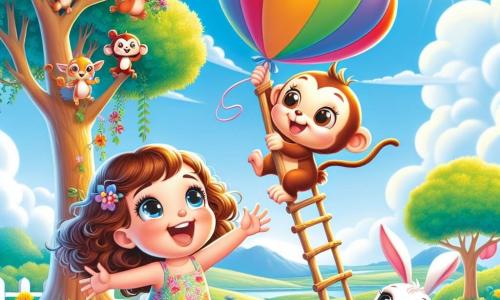 A 4-year-old girl with curly hair and a big smile is jumping for joy under a bright blue sky. She wears a colorful dress with floral patterns and pink sandals. Next to her, a mischievous little monkey named Max, with brown fur and sparkling eyes, climbs a ladder made of sticks and flowers, laughing heartily. A small white rabbit named Bella, with big ears and curious eyes, stands at the bottom of the ladder, raising her paws to encourage Max. The scene takes place in a vast green field dotted with red, yellow, and blue flowers, under a radiant sun. In the distance, majestic trees and a sky filled with fluffy clouds can be seen. The main situation shows the girl and her friends trying to retrieve a huge colorful balloon stuck in a tree, creating a joyful and friendly atmosphere.