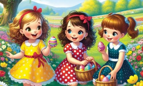 Three nine-year-old girls, Emma, Lucy, and Mia, are gathered in a sunny field surrounded by colorful flowers. Emma, wearing a bright yellow dress and curly brown hair, smiles joyfully while holding a wicker basket. To her left, Lucy, in a red polka dot dress and red pigtails, excitedly looks at a shiny egg she just found. To the right, Mia, in a blue dress with her brown hair in a ponytail, kneels to examine an egg hidden under a flower. The scene captures the girls in the midst of an Easter egg hunt, their faces lit up with joy and excitement as they discover colorful eggs among the flowers, creating a festive atmosphere.