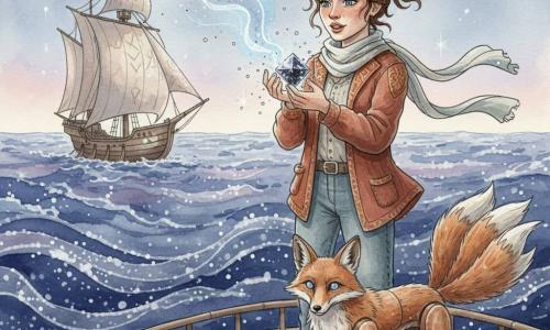 Adult woman ~28, determined soft face with empathetic eyes, singing with parted lips as she holds a small dark shimmering Null Prism that dissolves into a light blue-white mist; she wears a worn rust jacket with small gold runes on the collar, a floating light scarf and a messy brown ponytail, standing forward on the deck of a spacecraft; a dog-sized copper-and-brass mechanical fox with luminous marble eyes stands protectively by her boots, tail fanned and a paw on a console with violet reflections on its metal; in the left background the winged ship Wren with translucent sails and runic patterns is moored on a Sea of Quiet — a star-splintered void of indigo, midnight blue and lavender with silver splashes — watercolor tones, subtle cold lighting focused on her hands and the Prism, grainy textures and silver micro-splashes suggesting fading magic, composition centered on the woman and Prism with the fox foreground right and Wren and the dark sea background left to evoke infinity.